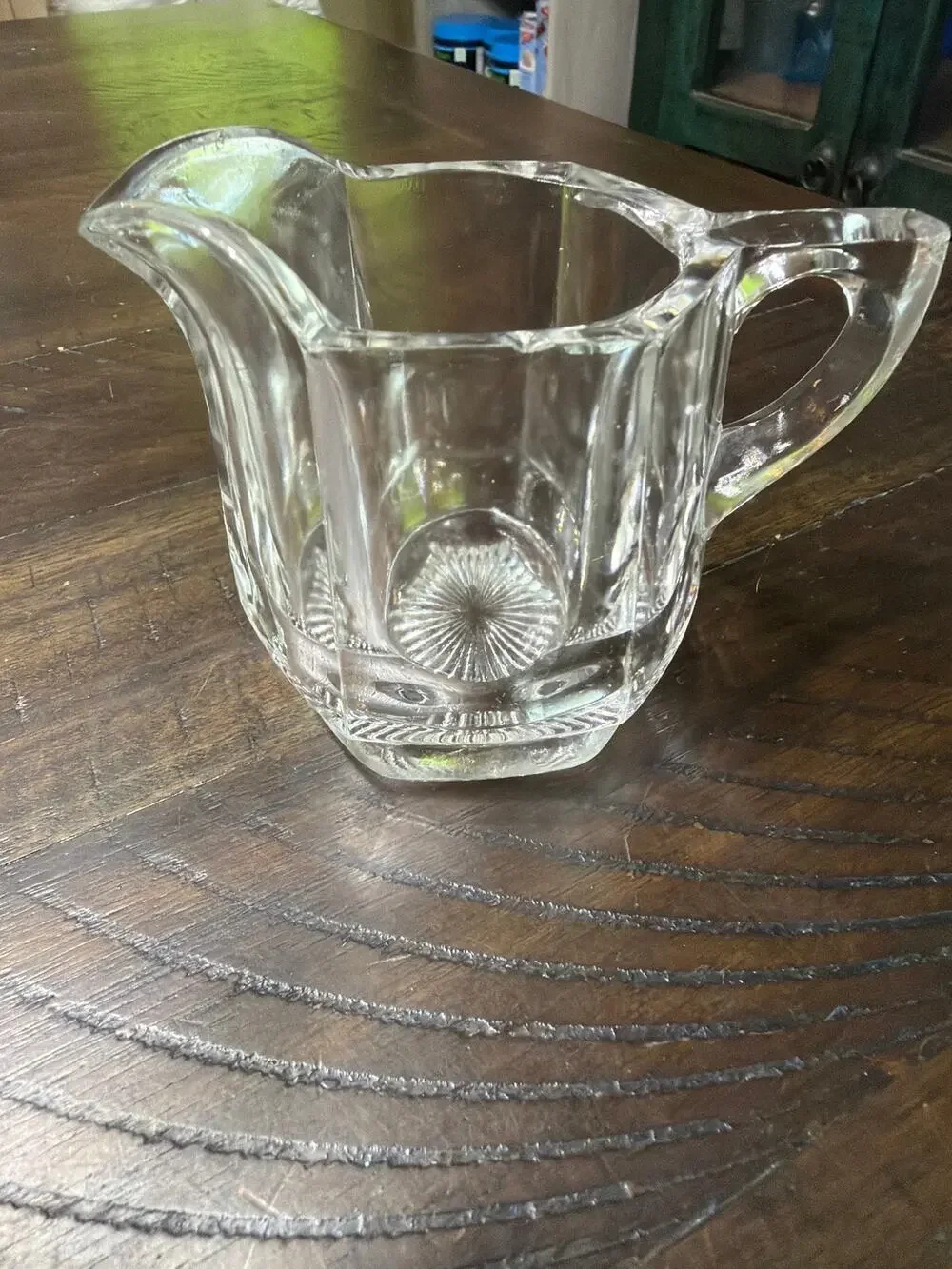 Vintage Heavy Clear Pressed Glass Creamer Pitcher Paneled Sunburst Base